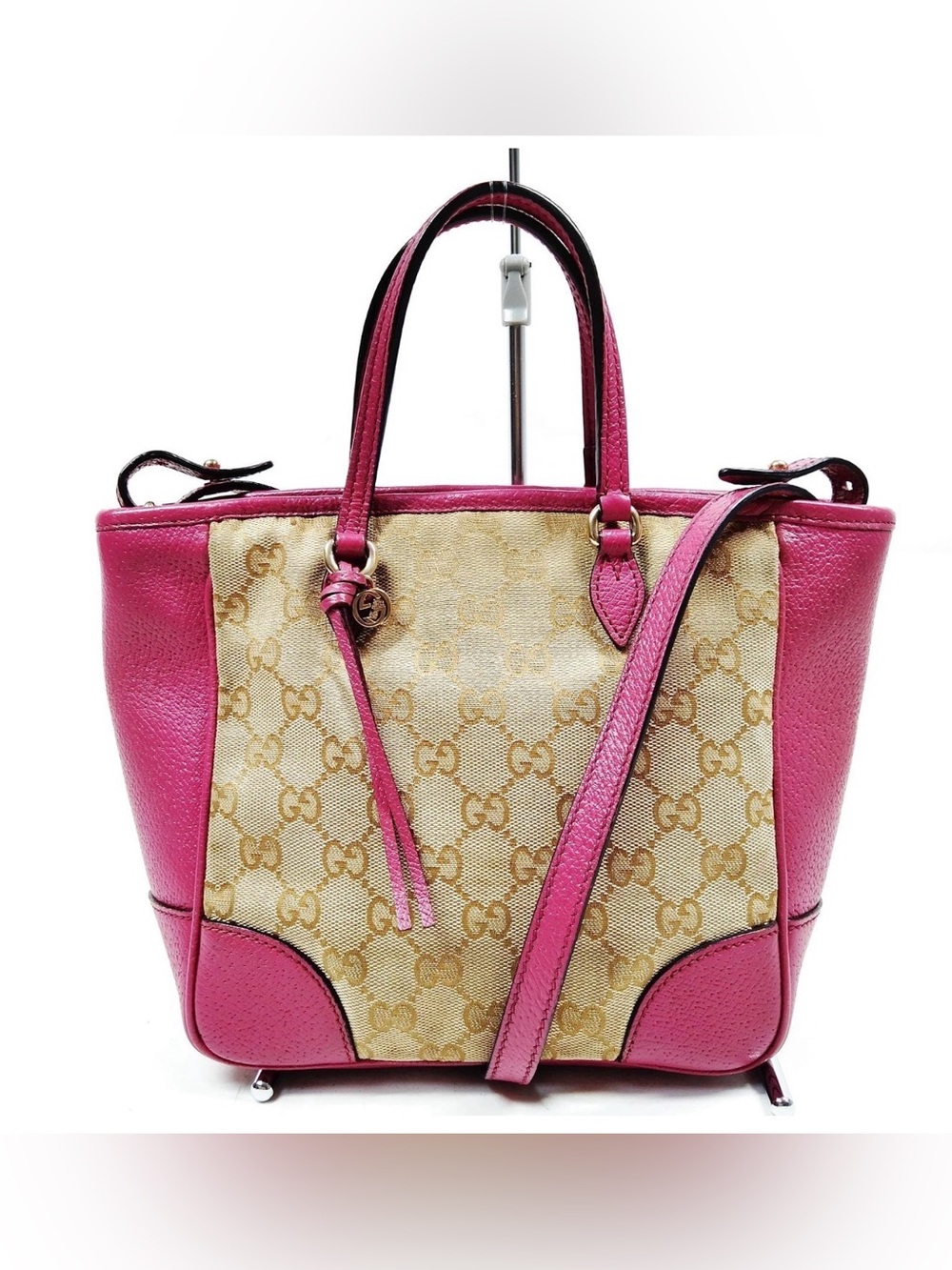 Gucci Hand Bag Brown Canvas with pink leather trim 2 way crossbody bag